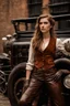 Placeholder: young woman with straight shoulder-length hair, dressed in brown leather trousers and waistcoat, leather gloves in an old industrial courtyard, next to a steampunk steam car on a summers day