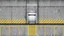 Placeholder: wall design for parking garage, concrete, yellow marking lines, hazard lines, weathering and water stains, realistic elevator doors in middle. a sign is above the elevator doors. rough painted hashmarks and parking lines