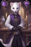 Placeholder: (anthropomorphic white ferret),dressed in ((cleric fantasy)) black and purple clothes with silver holy ornaments, realistic anatomy, fantasy tavern on background, mage and holy symbols around, serious face, hold holy symbol, tired face, in the style of LOISH, look at the vivewer, blue eyes, cute face