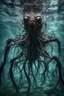 Placeholder: Underwater, closeup creature with creepy eyes, fullbody, his skin turned translucent revealing a network of black veins that extended like roots, ragged clothes, , 8k,macro photography,