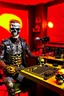 Placeholder: A fire starts in a radio studio, a Terminator T800 drums, a radio host of a hard rock show plays guitar, the host wears a gas mask and a black Iron Maiden shirt.