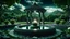 Placeholder: podium for meditation , A circular podium for meditation, in front of which there is a pool full of water. In the garden my mind bows . meditation . ancient collonades for meditation palace built in the jungle , mountains. space color is dark , where you can see the fire and smell the smoke, galaxy, space, cosmos, panorama. Background: An otherworldly planet, bathed in the cold glow of distant stars. Fantasy gate floating in the universe