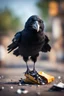 Placeholder: crow holding garbage upside down laughing,bokeh like f/0.8, tilt-shift lens 8k, high detail, smooth render, down-light, unreal engine, prize winning