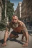 Placeholder: viril strong beefy mature russian man sunbathing, sitted on an empty street, 41 years old, dirty tank top, tattoo, bullneck, hands behind the neck, ripped dirty shorts, manly chest, very hairy, short beard, big shoulders, relaxed, photorealistic, well defined facial features, half figure photography, view angle from the ground