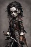 Placeholder: full color, illustration of a dark menacing leather clad motorcycle girl, tall and willowy , as a decayed, broken, crude homemade cloth doll toy, with a cracked porcelain face, thick dark eyebrows, hair made from ragged strips of cloth, in the style of Nadya Sheremet