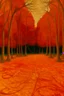 Placeholder: An orangish red forest with a basketball field painted by Vincent van Gogh