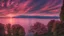 Placeholder: lake of constance, germany, view from the lakeside, sun setting, crazy bright and colourful sky with clouds, many red and pinks, also a little night sky with stars, high resolution, hyperrealistic, a ferry in the distance