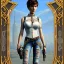 Placeholder: realistic photo 23-year-old delicate graceful boyish boylike damsel tomboy short male hairstyle short brown hair shorthair boy's face beautiful cleavage in women's lace ripped jeans with a lace mesh with a girlish pattern and girlish stripes with rhinestones that fit wide hips high heels with a very thin waist and big ass with a lady's fashion handbag in the new year girlsparty