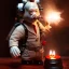 Placeholder: smoke bust of ghostbuster busted for smoking, ancient, magic,on dark wooden table with drinking glass,compass,brilliance, candle, dark figure in background, movie poster