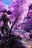 Placeholder: Detailed cute anime Kunoichi girl, purple hair buns, purple bangs, black latex bodysuit, intricate details, full body portrait, keep head in frame, slight smile, black Japanese motif, concept art, highly detailed, digital painting, concept art, sharp focus, illustration, art by Yoji Shinkawa, WLOP and greg rutkowski and alphonse mucha and artgerm and yanjun Chen and Junji ito and Makoto Shinkai, HDR, octane render