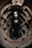 Placeholder: Closeup tall Girl goth with big eyes, around her valves, inside claustrophobic, ragged clothes, fullbody, the perspective looking up from the bottom of an empty well , 8k,macro photography,