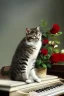 Placeholder: A young beautiful cat, portrait, is sitting on a piano, with a bunch of roses.