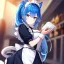 Placeholder: Clear Focus, High resolution, wearing a maid uniform, fluffy hair and a long ponytail, blue hair, cat ears, meowing