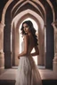 Placeholder: Generate a stunning and ethereal portrait of a 22-year-old petite ultra-realistic Arab female model wearing a lace dress in a micro portrait style. The portrait should be captured using Rembrandt lighting, with a single light source creating strong shadows. Use a Fujifilm - GFX100 II Mirrorless Camera in a studio to bring out the elegance photography, ultra details, natural light, light background, photo