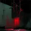 Placeholder: Minimal abstract oil painting of a neon plant in concrete warehouse brutalist architecture and hanging wires illuminated at night. With triadic red colours. In the style of Justin Mortimer and Phil Hale, Ashley Wood