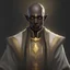 Placeholder: Dark elf male, very dark grey skin, glowing gold eyes, almost bald, white and gold priest robes