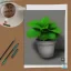 Placeholder: A High resolution photograph with soft lightning, of a a4 size drawing on a table next to two colored pencils. A green plant in a pot in the left top corner, a cup of coffee in the right top corner.