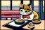 Placeholder: Cute cat is eating sushi. Manga style