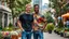 Placeholder: professional photo from happy couple men, one light brown and one black hair man in colorful city cloths t-shirt and jeans. city garden, summer, high realistic, detailed, canon photo, 64 megapixels, perfect composition