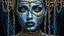 Placeholder: close up pale blue-white face with black shadow dark gold eyes, , void, hyper-realistic detail, floats in deep darkness, deep blue abyss, vertical shadows of five chains projected on her face, crepy stunning, surreal vibe with meticulous textures, dark shadow