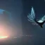 Placeholder: angel fish, cockatoo, alien flying through dystopia, dusk light, city background, unreal engine 5,elegant