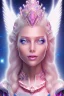 Placeholder: 1 full body shot,masterpiece galactic pink metalic, cosmic princesse belle fine, profil de trois quart, grand front cosmique, peau blanc cristalline pailletée, yeux bleu, perle sur le front et rose etoilé, longs cheveux blonds, cristaux sur le corps, collier de grande princesse, levres souriantse, très jolie sourire, longs cheveux blonds, grandes ailes roses transparents, costume galactique bleu metallisé,