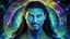 Placeholder: beautiful gorgeous young man na'vi with long hair, Avatar, blue skin, two small ears, green eyes, black hair, in cosmic suit, galactic ambiance, medium pointy goatee , smiling, nebulas and sacred geometry light figures on the backgroud,