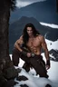 Placeholder: Handsome and muscular 30 year old shirtless mountain man long dark hair, dark fantasy, snow capped mountains