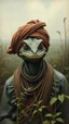 Placeholder: A man with a Lizard face wearing a Muslim Turban in a forgotten battlefield overrun by vegetation, cutesy tiktok detailed oil painting, grainy, old style