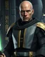 Placeholder: star wars bald male corellian jedi pilot wearing black and gunmetal grey old republic armored robes with gold trim inside the jedi temple holding a lightsaber with viridian green blade in left hand, centered head and shoulders portrait, hyperdetailed, dynamic lighting, hyperdetailed background, 8k resolution, volumetric lighting, light skin, fully symmetric details