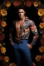 Placeholder: 18-year-old Elvis Presley, full body portrait, 6'5". 220lbs, extremely muscular,18-year-old Elvis Presley has great big giant muscles, blue eyes, skintight, formfitting high-collared jumpsuit with floral designs, smirking, pitch black background, multicolored spotlight, Photorealistic, realistic stock photo, Professional quality Photograph. Fog, Clouds, mist.