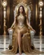 Placeholder: Photography,girl,full body,sitting luxury big chair,looking front view,brown long hair, long gown dress mechanical,delicate gold and full diamonds colors crystal jewelrys,silver metalic parts, golden parts, intricate armor, detailed part,Movie Still