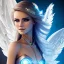 Placeholder: A beautiful portrait of a cute smiling cyberpunk woman with wings, long blond haire, high key lighting, volumetric light high details with white stripes and feathers and blue celtic paterns and glasses stars background