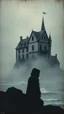 Placeholder: A building castle by the ocean all gray, a shadow of a two creatures with hood looking at the house , foggy, blurry , dark and , like horror movie ,mysterious,painted antique canvas of a Risograph Art of a Art ,into the moody backdrop creates an atmosphere of enchantment and mystery high resolution fine detailed textures fine colors scratches, tears, burn marks, cracks in the paint in the mix style of Joan Miro Gabriel Pacheco, antique extreme canvas textured, blurry old style