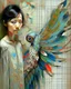 Placeholder: Minimalist abstract artwork in mixed media, depicting a woman with wings like a peacock's fanned plume, radiating as a colorful aura. Contemporary, minimalistic, and surreal, conveying enlightenment, discovery, and exhilaration. Influenced by Jacek Yerka and Richard Burlet, with subtle textures and a sophisticated palette of muted neutrals, deep blues, and striking red accents. Visionary and esoteric, with an emotional, mystical quality.