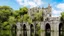 Placeholder: A ruined gothic stone building in a lake, balconies, verandas, arches, bridges, spires, stairs, trees, dense foliage, spanish moss, ivy, blue sky, white clouds