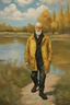 Placeholder: an old man in a bomber jacket black pants and lace up boots walks along the edge of a lake in the style of Vincent Van Gogh