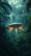 Placeholder: A UFO spacecraft crashed on the trees in the Amazon rainforest , covered with green bushes, Busch painting style nightmare