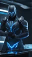Placeholder: A close picture to and sub-zero in cyber style with neon blue details and ice in the background in fantasy world