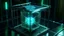 Placeholder: Cube tesseract from movie Loki. Tesseract size third part of image size. Located strictly in the middle of picture with space around it and with navy blue/green glow inside tesseract. Without surface/table on which it stay.