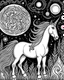 Placeholder: B/W COLORING PAGE celestial UNICORN HORSE FULL BODY, dark NIGHT BACKGROUND , WHITE CLOUDS moon