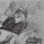 Placeholder: Legendary Yeti with long white hair lying on a sleigh bed watching TV and eating popcorn, clear and healthy body anatomy, detailed drawing elements, artwork, full HD painting, 8K