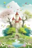 Placeholder: 在图片中有城堡、大树、河流、小桥、公主。天空中飘着朵朵白云，在白云中隐藏着一个漂浮的童话城堡。有一颗大树挺拔而茂密，树冠下是一片清爽的草坪，上面散落着五颜六色的花朵。大树上有一只小松鼠，它正好奇地凝视着天空中的城堡。 一条清澈见底的小河蜿蜒流过，河水清澈透明。河中游弋着一只纯白的天鹅， 河上有一座彩虹桥，，桥上有一位穿着五彩斑斓裙子的小公主和七个小朋友带着圣诞帽