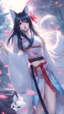 Placeholder: A close hot picture of Ahri with black hair and Japanese Clothes and nine White fox tail with neon glowing in fantasy world