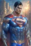 Placeholder: Superman.He looks forward with radiant eyes In a new, sophisticated suit سdecorated with a Mandala pattern. Strong, fit body. Muscles. A cinematic scene. A destroyed city scene