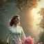 Placeholder: croc magnon portrait , white jogging suite, at dawn by atey ghailan, golden light , holding leaves and flowers , angels background, volumetric light, high detail, pink leaf tree, mountains in background, perfect