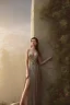 Placeholder: gentle pretty woman wearing ornament dress and posing casually on a stone wall, evening, style of Bastien Lecouffe-Deharme, d&d, 5e, highly detailed, portrait,