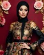 Placeholder: Luxury potrait of a beautiful super model hijab beauty makeup cosmetic,she wearing islamic a luxurious details pattern color gold and black casual jacket with designed large flower details that resemble roses.The dress has an asymmetrical design with one sleeve and a flowing skirt.background of the image shows a red carpet event with floral decorations,close-up portrait