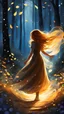 Placeholder: In the captivating children's illustration, a beautiful young girl with very long, shiny ocher hair stood gracefully, her silhouette visible as she peered out from behind a mysterious veil. She found herself surrounded by a magical forest, where strong gusts of wind swirled around her, causing colorful petals to dance and twirl in the air. Glowing lights illuminated the scene, adding an enchanting touch to the illustration. The use of digital painting techniques allowed the vibrant colors to com