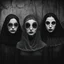 Placeholder: [The Norns] Vintage black and white photo of three young woman eerie figures wearing creepy masks and veils, one with a circular hole and the other with intricate wires and mesh, standing side by side in a dimly lit room, with a plain background, reminiscent of old horror photography, with a haunting and surreal atmosphere.